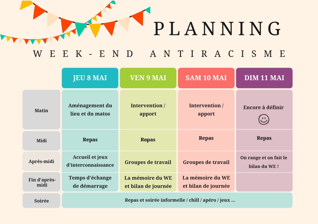 Planning :Jeudi 8 mai aménagement et install le matin et accueil + temps d'échange de démarrage l'après-midi. Vendredi 9 mai et samedi 10 mai (les deux journées ont le même déroulé), intervention et apport le matin, groupe de travail en début d'après-midi. En fin d'après-midi, mémoire du WE et bilan de journée. Dimanche matin, c'est encore à définir le matin et l'après-midi, on range et on fait le bilan du WE.